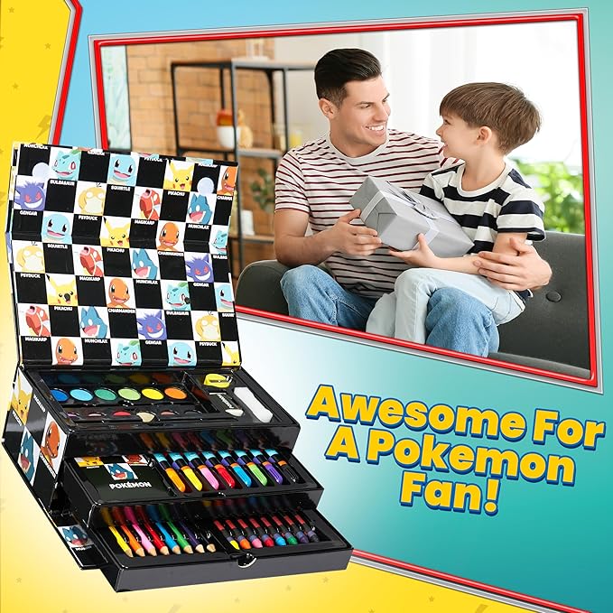 Pokemon Art Set for Boys Girls Drawing Painting Kit Markers Crayons Colored Pencils School Supplies Anime Gifts for Kids (Black)