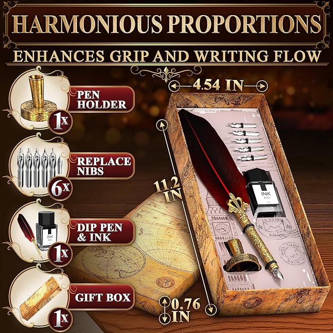 Red Feather Quill Pen and Ink Set - 11.4" Antique Feather Pen and Ink Set with Stainless Steel Nib for Calligraphy Practice, Drawing & Signatures - Designed for Beginners and Calligraphy Enthusiasts