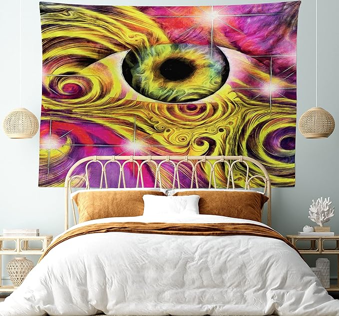 Ambesonne Psychedelic Tapestry, Hippie Hallucinatory Eye in Vivid Colors with Optical Swirl Lines Graphic, Fabric Wall Hanging Decor for Bedroom Living Room Dorm, 28" X 23", Fuchsia Yellow