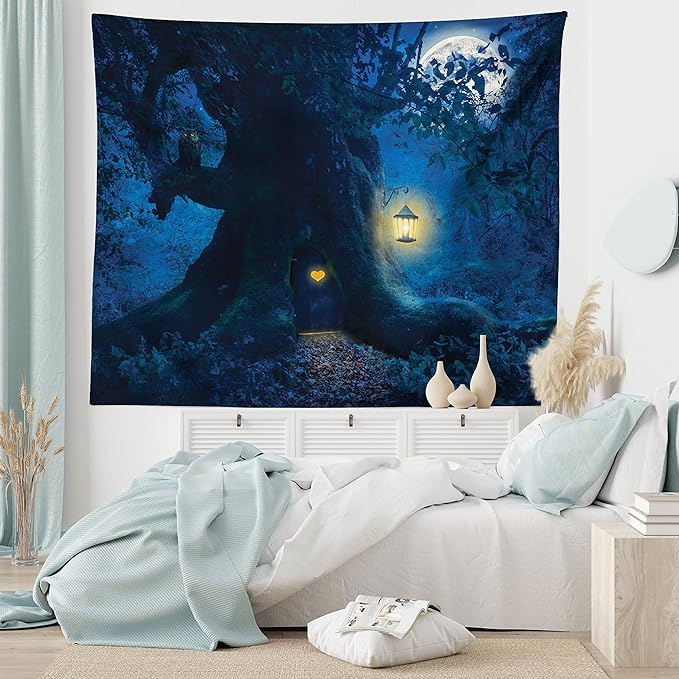 Ambesonne Fantasy Tapestry King Size, Night with a Little Home in The Trunk of an Tree in The Woods Print, Wall Hanging Bedspread Bed Cover Wall Decor, King Size, Navy Blue