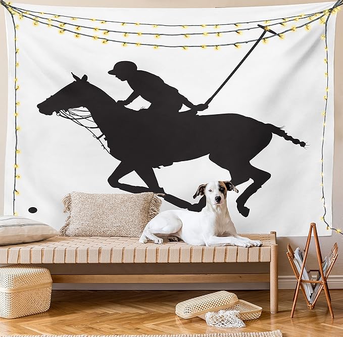 Ambesonne Sports Tapestry, Silhouette Illustration of Polo Player on a Horse Hitting a Ball Print, Fabric Wall Hanging Decor for Bedroom Living Room Dorm, 28" X 23", Charcoal Grey