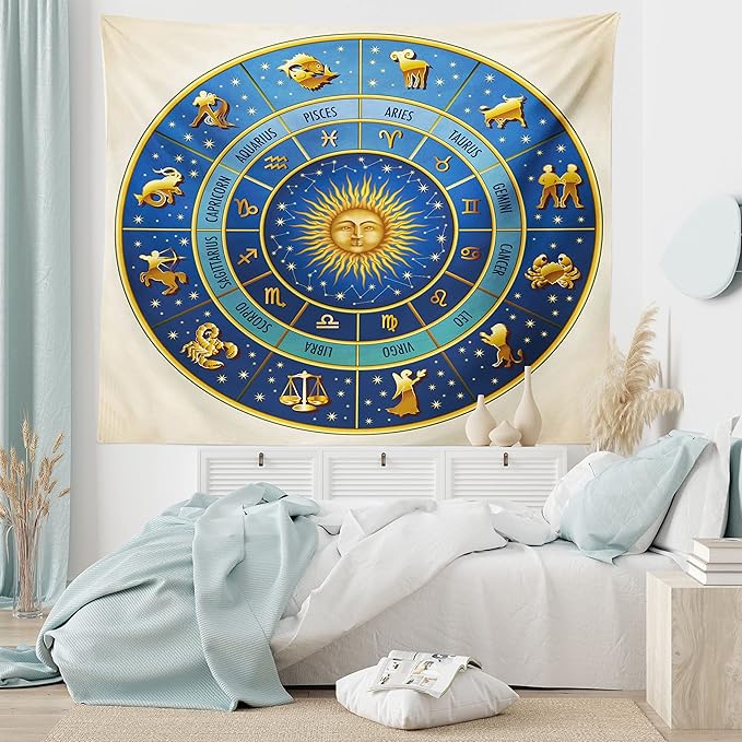 Ambesonne Astrology Tapestry, Wheel of Astrological Signs Names Dates Moon Sun in Middle, Fabric Wall Hanging Decor for Bedroom Living Room Dorm, 23" X 28", Blue Yellow and Cream