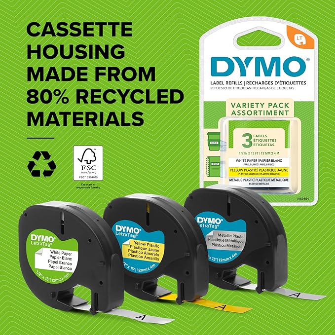 Dymo S0721630 LetraTag Plastic Tape, Self-Adhesive, 12 mm x 4 m Roll - Black Print on Red