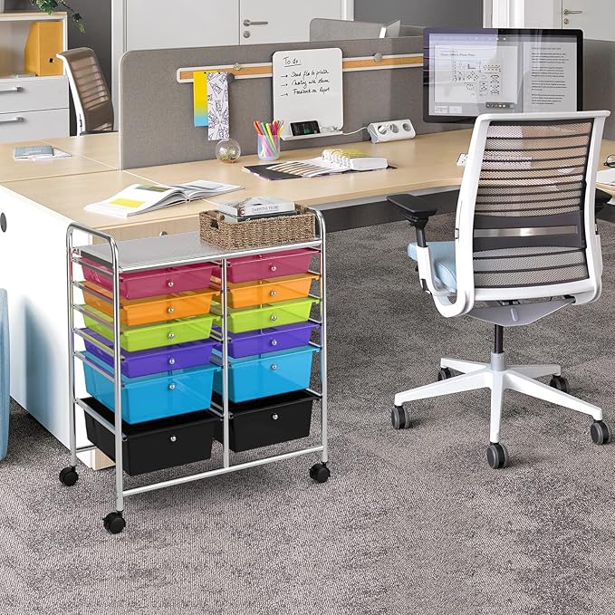 COSTWAY 12-Drawer Rolling Storage Cart, Moveable Art Craft Organizer W/Lockable Wheels, Metal Shelf, Files Arrangement Tools Makeup Storage Cart for Office, Home, School (Rainbow)
