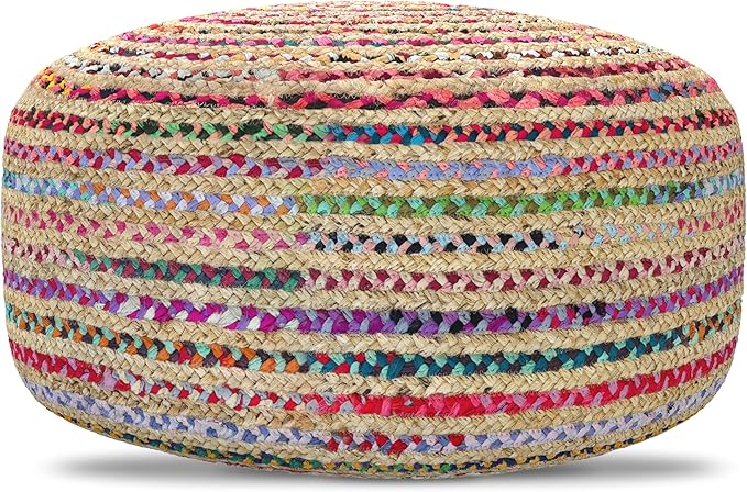 SIMPLIHOME Margo Large Round Pouf - 30 inch Wide Handwoven Jute and Cotton Braided Ottoman in Multi-Color, Boho Footstool or Extra Seating for Living Room or Bedroom with Swirl Pattern, Assembled