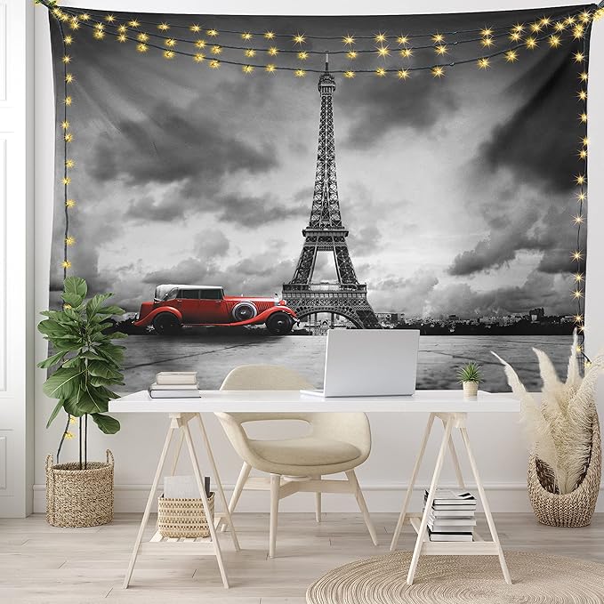 Ambesonne Eiffel Tower Tapestry, Image of Eiffel Tower Paris France Vintage Car Street Dark Clouds, Fabric Wall Hanging Decor for Bedroom Living Room Dorm, 28" X 23", Black Red