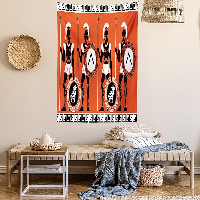 Ambesonne Retro Tapestry Queen Size, Historical in Greece Theme Cultures, Wall Hanging Bedspread Bed Cover Wall Decor, 88" X 88", Orange Black White
