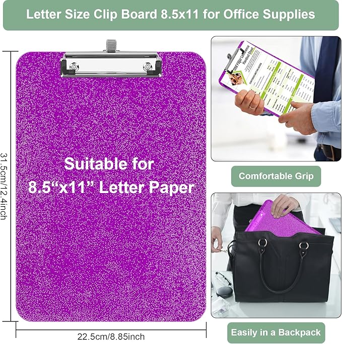 1 Pcs Clear Glitter Clipboards, Plastic Clipboard with Pen Holder,Size 8.85 x 12.4 in Shiny Clipboards with Low Profile Clip,Cute Hanging Clipboard for Office School Supplies Sparkly Clip board-Violet