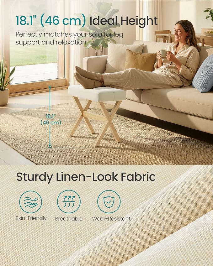 SONGMICS Makeup Stool, Padded Vanity Stool, Foot Rest, Solid Wood X Legs, for Bedroom, Closet, Entryway, 12.6 x 16.5 x 18.1 Inches, Summer Sand and Brown ULSF006LF01