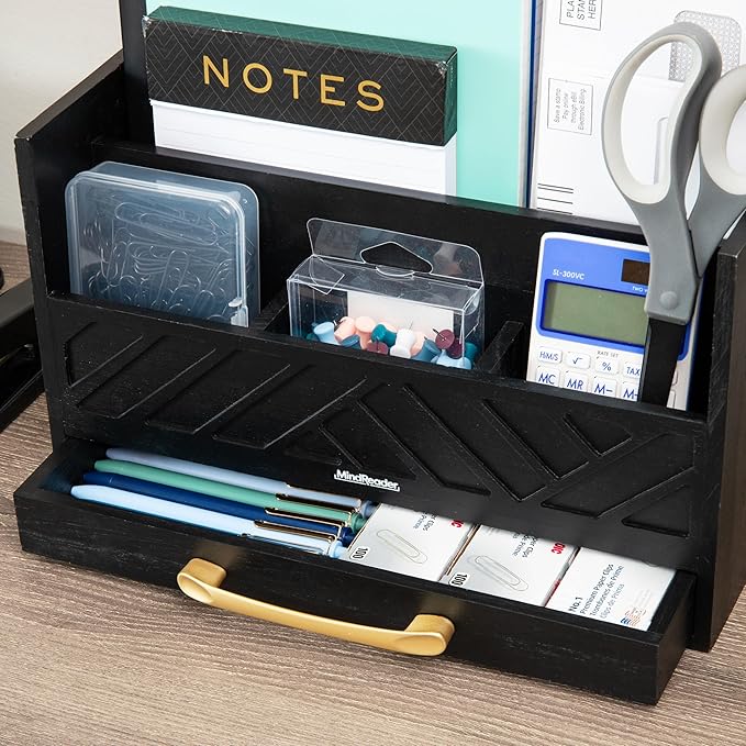 Mind Reader 5-Compartment Desktop Organizer, Rustic Wooden Storage Rack with Drawer for Papers, Accessories, and Office Supplies, 12.5" L x 4.25" W x 7.5" H, Black