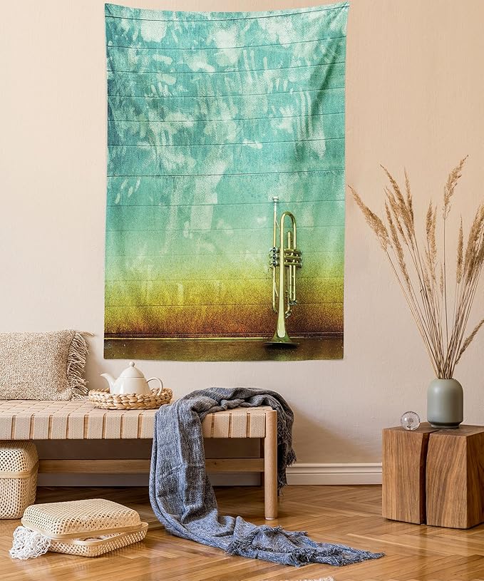 Ambesonne Music Tapestry Queen Size, Old Aged Worn Single Trumpet Stands Alone Against a Faded Wall Jazz Theme Photo, Wall Hanging Bedspread Bed Cover Wall Decor, 88" X 88", Teal Brown