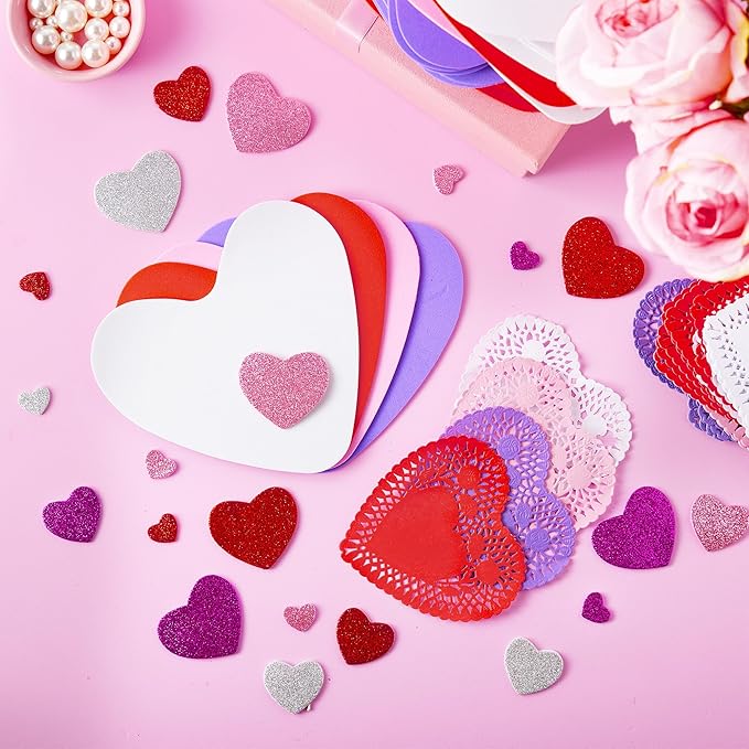 JOYIN Valentine Day 248 Pcs Heart Doilies Craft Gift Set with 200 Packs Heart Paper Doilies 48 Pcs Foam Crafts and 4 Bags of Glitter Foam Stickers for Valentine's Day Party Tableware Decoration