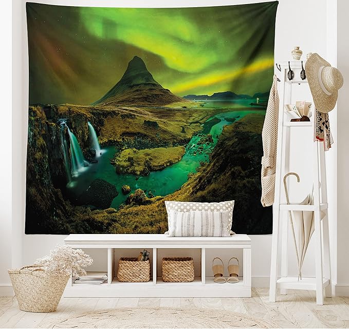 Ambesonne Aurora Borealis Tapestry, Pale Weather Over the Hills Waterfall Creek Nature Landscape, Wide Wall Hanging for Bedroom Living Room Dorm, 80" X 60", Olive Green