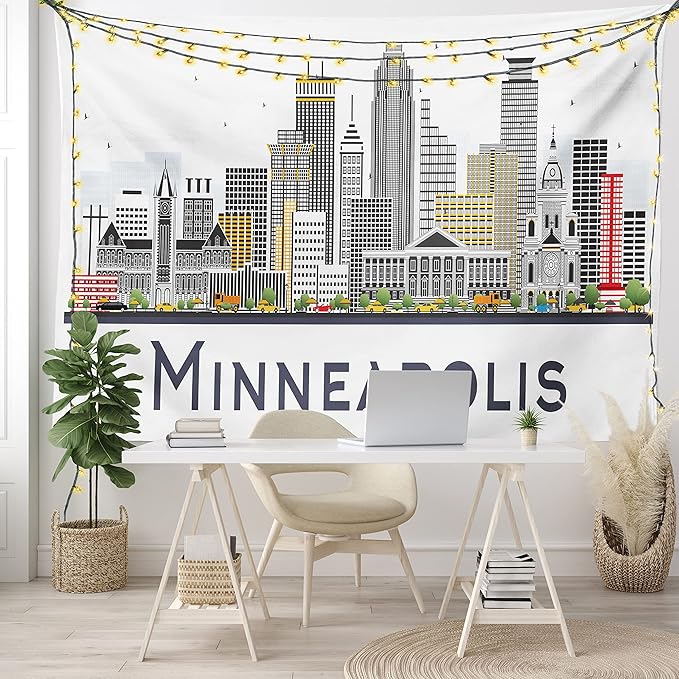 Ambesonne Minnesota Tapestry, Elevation of a Street in Minneapolis Image with High Detailed Facades, Fabric Wall Hanging Decor for Bedroom Living Room Dorm, 23" X 28", White Grey
