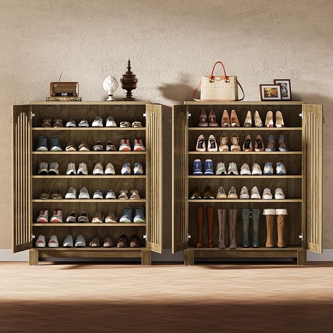 Tribesigns Shoe Cabinet Set of 2, Wood Shoe Organizer Cabinet with Doors & Adjustable Shelves, Shoe Storage Rack for Entryway, Living Room, Bedroom