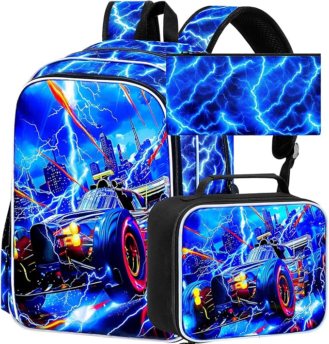 KLFVB 3PCS Lightning Backpack for Boys, 17" Race Car Bookbag and Lunch Box, Water Resistant Teenagers School Backpacks for Middle Elementary - Lightning Speed Car