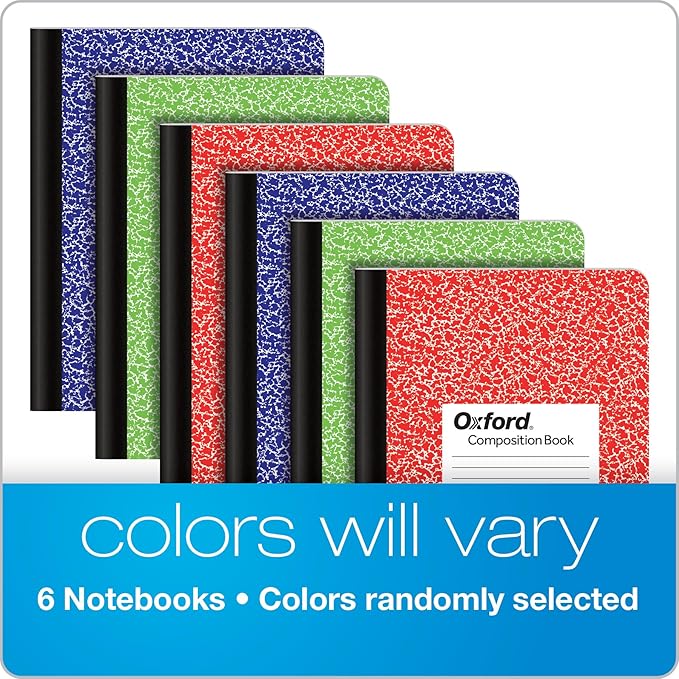 Oxford Composition Notebook 6 Pack, College Ruled Paper, 9-3/4 x 7-1/2 Inches, 100 Sheets, Assorted Marble Covers. 2 Each: Blue, Green, Red (63763)