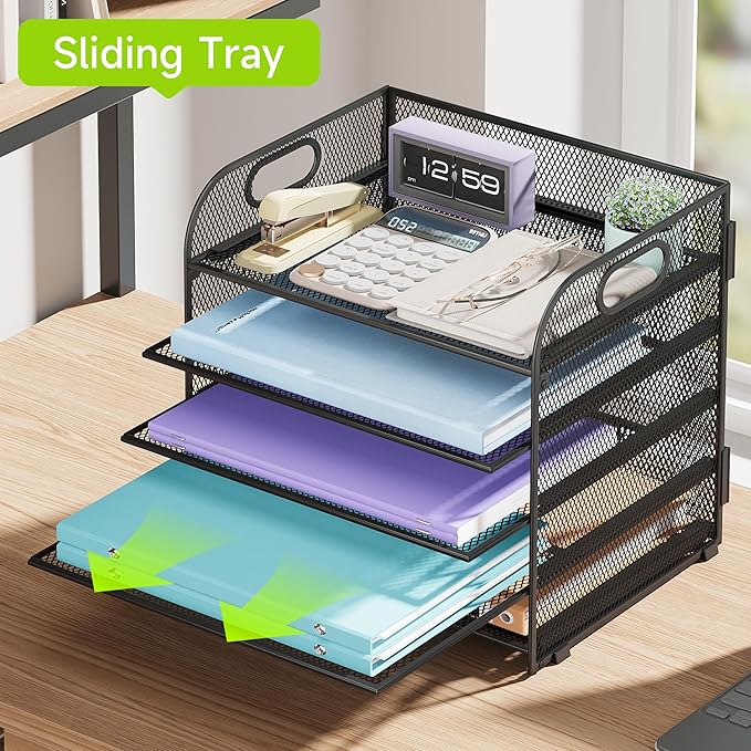 2 Pack 5 Tier Paper Organizer, Letter Tray with Handle, Mesh Desk Organizer, Metal File Organizer, Office Desk Accessories for Home, Office, Classroom, School -Black