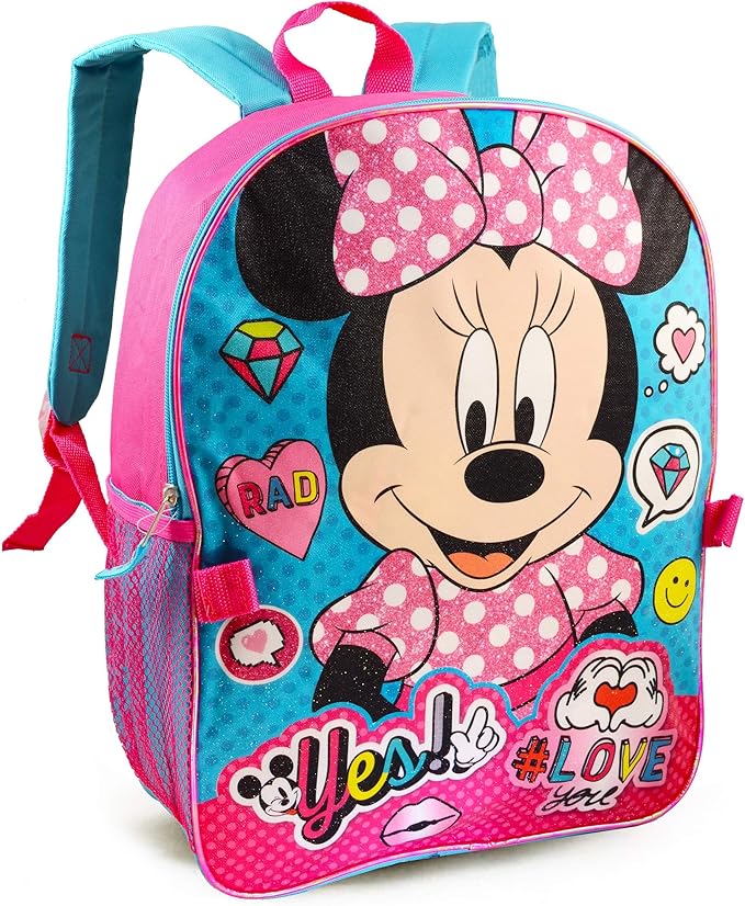 Disney Minnie Mouse Backpack with Lunch Box for Girls 5 Pc Bundle ~ Deluxe 16" Minnie Bag, Insulated Lunch Bag, Stickers, and More (Minnie Mouse School Supplies) (Minnie Mouse Blue)