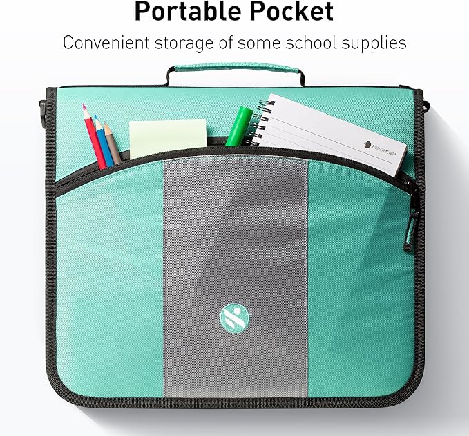Zipper Binder 3 Ring, Round Ring Binder with 600 Sheets Capacity, Expanding Files, Handle and Shoulder Strap Included, Green