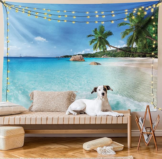 Ambesonne Ocean Tapestry, Anse Lazio Beach at Praslin Island Surfing Beach Scenic View Travel, Fabric Wall Hanging Decor for Bedroom Living Room Dorm, 30" X 45", Blue and Turquoise