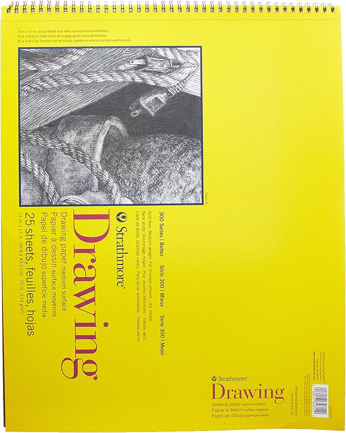 Strathmore 300 Series Drawing Paper Pad, Top Wire Bound, 14x17 inches, 25 Sheets (70lb/114g) - Artist Paper for Adults and Students - Charcoal, Colored Pencil, Ink, Pastel, Marker
