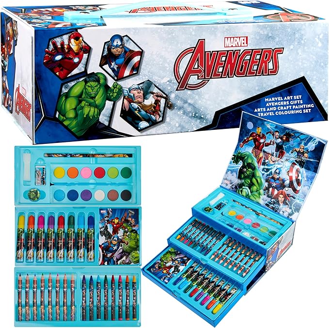 Marvel Art Case for Kids with Colored Pencils Markers Crayons Watercolors Drawing Supplies Travel Art Kit Gifts for Kids (Multicolor Avengers)