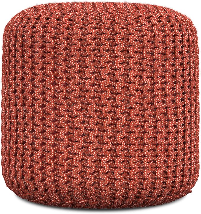 SIMPLIHOME Wynne Round Knitted Pouf - 18 inch Wide Upholstered PET Polyester Ottoman in Orange, Indoor/Outdoor Boho Footstool or Extra Seating for Living Room with Polystyrene Bead Filling, Assembled