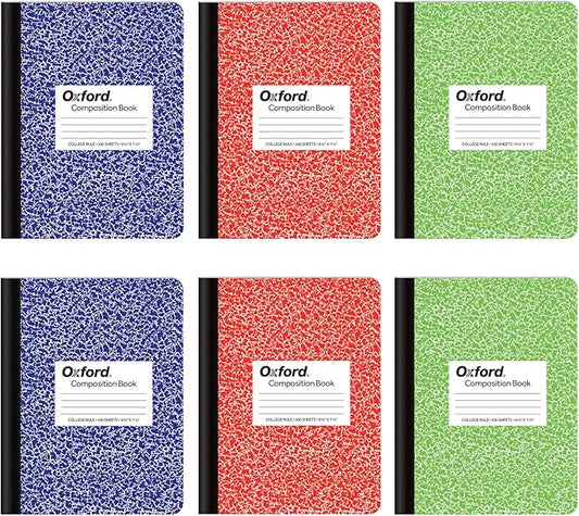 Oxford Composition Notebook,College Ruled Paper,9-3/4 x 7-1/2 Inches,100 Sheets,Assorted Marble Covers. 2 Each: Blue,Green,Red (63763),6 Count (Pack of 4)