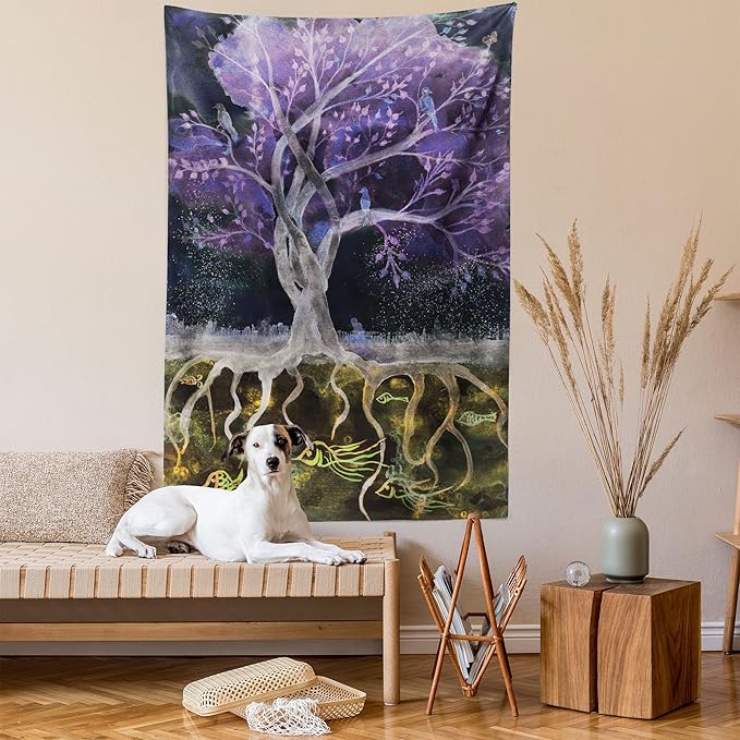 Ambesonne Tree of Life Tapestry Queen Size, Psychedelic Mysterious Nature at Night Birds and Fishes Home Art, Wall Hanging Bedspread Bed Cover Wall Decor, 88" X 88", Purple Black