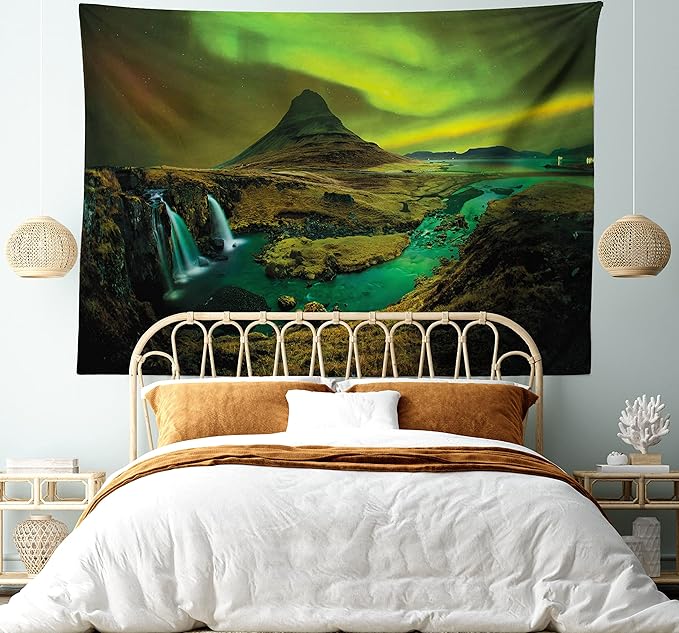 Ambesonne Aurora Borealis Tapestry, Pale Weather over the Hills Waterfall Creek Nature Landscape, Wide Wall Hanging for Bedroom Living Room Dorm, 60" X 40", Olive Green