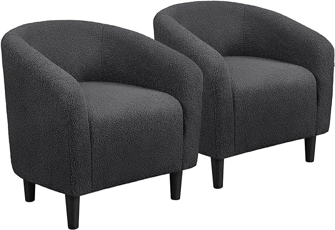 Yaheetech Accent Chairs Set of 2, Furry Living Room Chairs, Sherpa Barrel Chairs with Cozy Soft Padded, Boucle Fabric Armchais for Living Room Bedroom Reception Room Office, Dark Gray