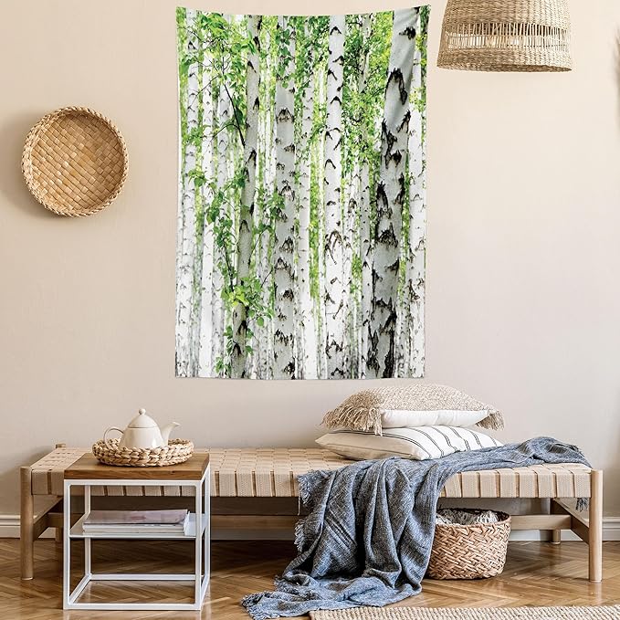 Ambesonne Woodland Tapestry Twin Size, Birch Trees in The Forest Summertime Wildlife Nature Outdoors Themed Picture, Wall Hanging Bedspread Bed Cover Wall Decor, Twin Size, White Green