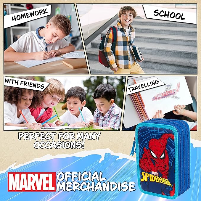 Marvel Boy's Pencil Case, Pencil Case with Compartments Filled School Supplies, Felt, Coloured Pencil, Spiderman Avengers Back to School Gift