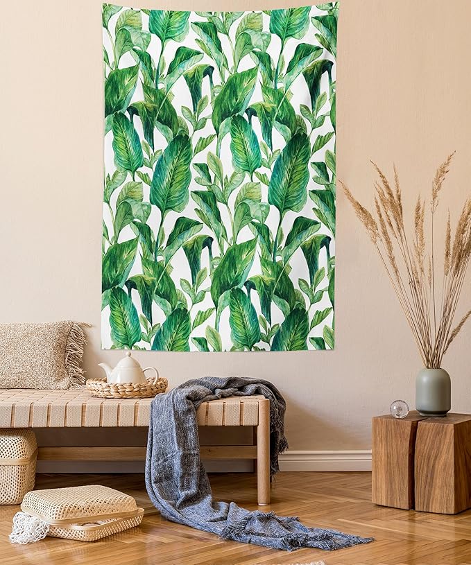 Ambesonne Leaf Tapestry Queen Size, Romantic Holiday Island Hawaiian Banana Trees Watercolored Image, Wall Hanging Bedspread Bed Cover Wall Decor, 88" X 88", Forest Green