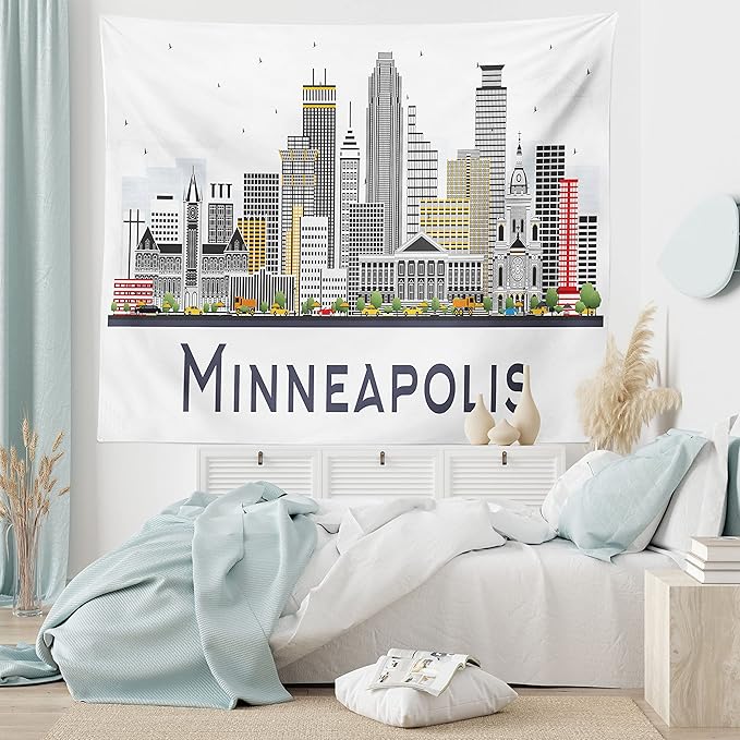 Ambesonne Minnesota Tapestry Queen Size, Elevation of a Street in Minneapolis Image with High Detailed Facades, Wall Hanging Bedspread Bed Cover Wall Decor, 88" X 88", White Grey