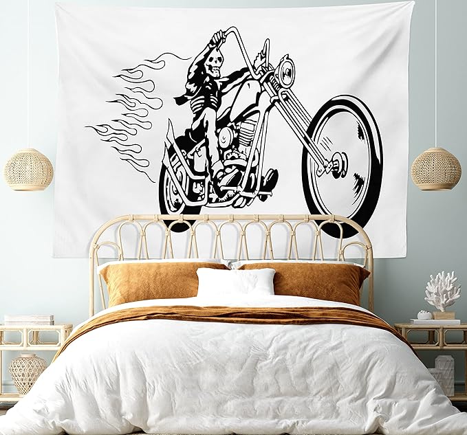 Ambesonne Motorcycle Tapestry, Cool and Dangerous Flaming Death Ride Fearless Skeleton Fantasy Items, Fabric Wall Hanging Decor for Bedroom Living Room Dorm, 45" X 30", Charcoal Grey White