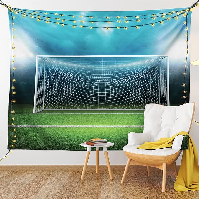 Ambesonne Soccer Tapestry Twin Size, Soccer Goal Post Sports Area Winner Loser Line Floodlit Best Team Finals Game Theme, Wall Hanging Bedspread Bed Cover Wall Decor, Twin Size, Green and Blue