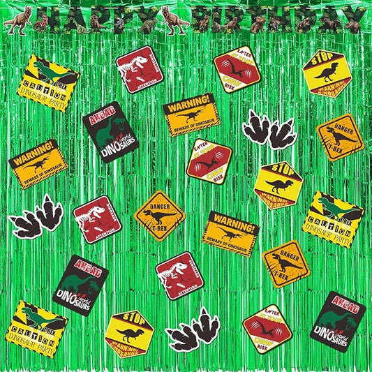 Epakh 39 Pcs Dinosaur Birthday Party Decorations Includes 24 Pieces Dino Paper Cards Decor 13 Pcs Dino Happy Birthday Banner 2 Foil Fringe Curtain Backdrop for Photo Prop Dinosaur Themed Party Supply