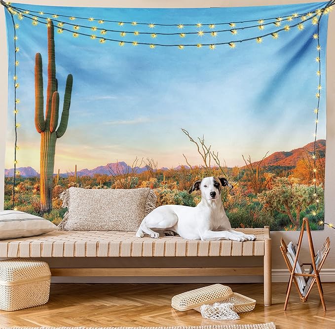Ambesonne Saguaro Tapestry, Sun Goes down in Desert Prickly Pear Cactus Southwest Texas National Park, Fabric Wall Hanging Decor for Bedroom Living Room Dorm, 30" X 45", Orange and Blue