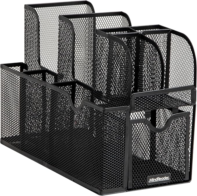 Mind Reader Countertop Organizer, Office Breakroom or Desktop Storage, 10-Compartment Caddy, Metal Mesh, Black