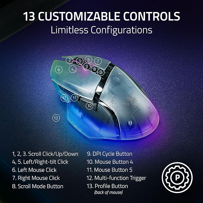 Razer Basilisk V3 Pro Wireless Gaming Mouse, 35K DPI Sensor, HyperScroll Tilt Wheel, Optical Switches, 13 Customizable Controls, RGB Lighting, Up to 140-Hour Battery Life, Phantom White