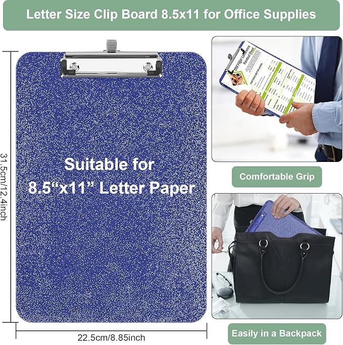 1 Pcs Clear Glitter Clipboards, Plastic Clipboard with Pen Holder,Size 8.85 x 12.4 in Shiny Clipboards with Low Profile Clip,Cute Hanging Clipboard for Office Supplies Sparkly Clip Board-Navy Blue