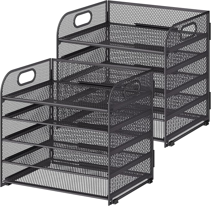 2 Pack 5 Tier Paper Organizer, Letter Tray with Handle, Mesh Desk Organizer, Metal File Organizer, Office Desk Accessories for Home, Office, Classroom, School -Grey