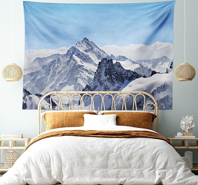 Ambesonne Winter Tapestry, Snowy Rocky Mountain Peaks Tops Scene High Lands ICY Frozen Swiss Outdoor Art, Fabric Wall Hanging Decor for Bedroom Living Room Dorm, 45" X 30", Blue and White