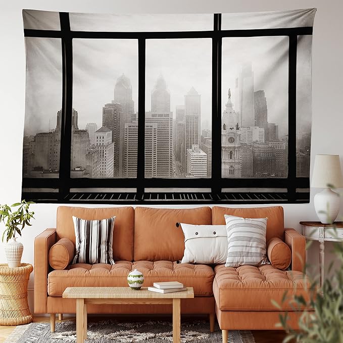 Ambesonne City Tapestry, Philadelphia City Rooftop View Through Window Skyline Landmark Rooftop Travel, Wide Wall Hanging for Bedroom Living Room Dorm, 80" X 60", Grey Black