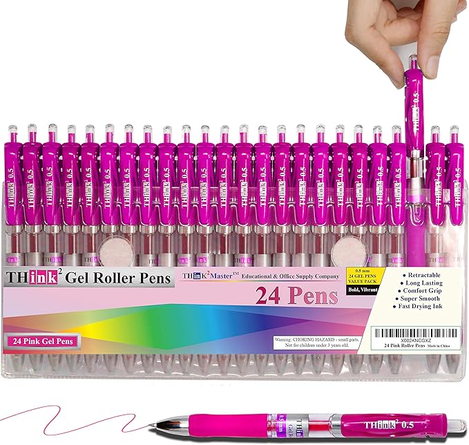 [24 Pens - Pink Ink] Think2 Retractable Gel Pens. (24 Pink) Fine Point (0.5mm) Rollerball Pens with Comfort Grip.