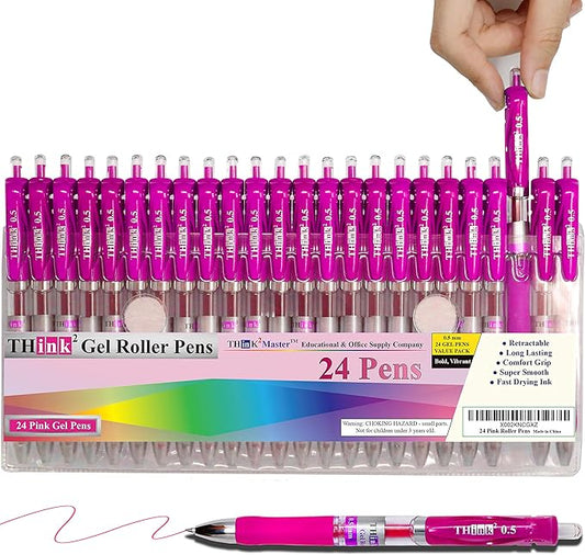 [24 Pens - Pink Ink] Think2 Retractable Gel Pens. (24 Pink) Fine Point (0.5mm) Rollerball Pens with Comfort Grip.