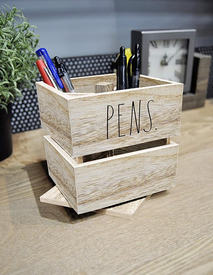 Rae Dunn Pencil Cup - Wooden Pen Holder Desktop Organizer - Small Rustic Wood Desk Top Caddy for Office Accessories and Supplies - Organization for Home, School, Classroom, Work - Square Light Wood