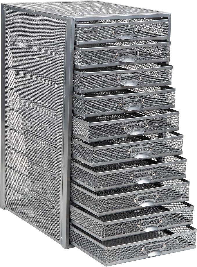 Mind Reader 10-Drawer Desk Organizer for Office Supplies, Crafts, Mail Sorting & More, Metal Mesh, 10.75"L x 14"W x 21.25"H, Silver